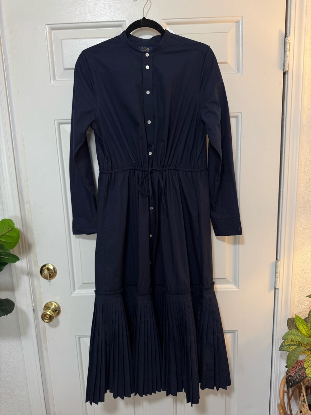 Polo Ralph Lauren Navy Pleated-Hem Drawstring Midi Shirtdress Size 6 - Picture 2 of 10